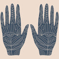 A symmetrical illustration featuring two hands raised with palms facing out, set against a pale pink background. The hands are solid navy blue, intricately decorated with fine white line art showing floral, leaf, and geometric patterns, including an eye symbol at the base of the palm, representing ancestral third eye enhancement.