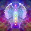 Pair of angelic wings with a column of rainbow chakra lights, representing angelic chakra realignment treatment.