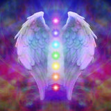 Pair of angelic wings with a column of rainbow chakra lights, representing angelic chakra realignment treatment.