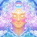 A mystical illustration of a smiling face with closed eyes, surrounded by glowing, cloud-like swirls of pink, purple, and blue light, with an activated 'Third Eye Chakra' or third eye symbol above the forehead.