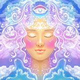 A mystical illustration of a smiling face with closed eyes, surrounded by glowing, cloud-like swirls of pink, purple, and blue light, with an activated 'Third Eye Chakra' or third eye symbol above the forehead.