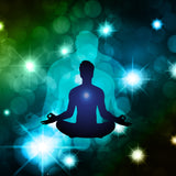 A meditating silhouette with a blue heart glow, layered over a large, cyan-blue ethereal presence, against a dark, sparkling green and blue bokeh background, representing Arcturian abundance stimulation.