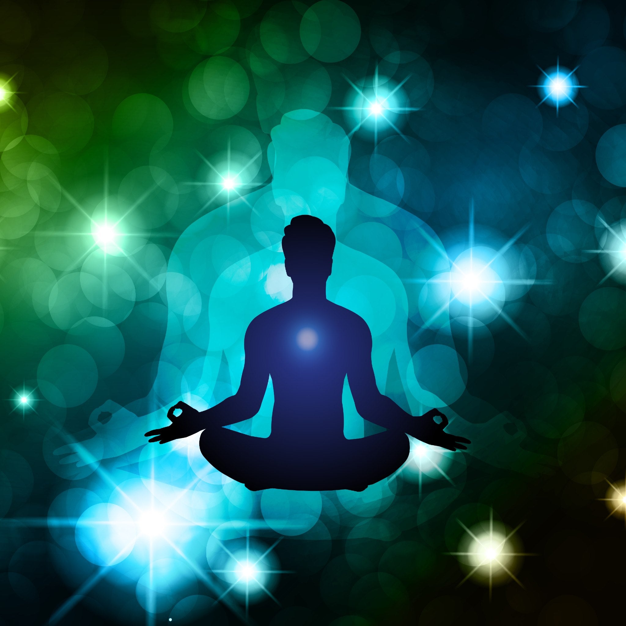 A meditating silhouette with a blue heart glow, layered over a large, cyan-blue ethereal presence, against a dark, sparkling green and blue bokeh background, representing Arcturian abundance stimulation.