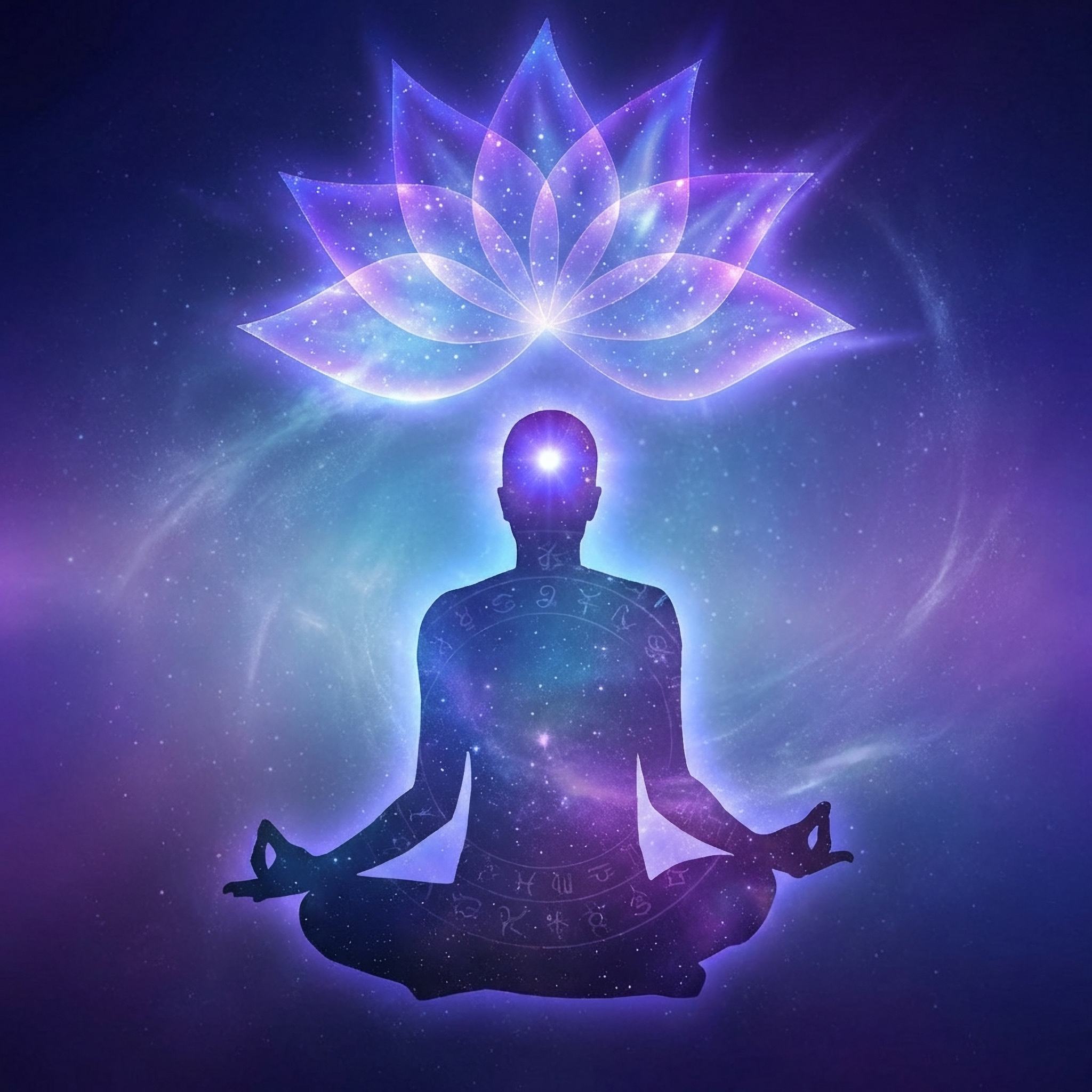 Silhouette of a meditating person with a glowing lotus flower above their head on a dark purple background.