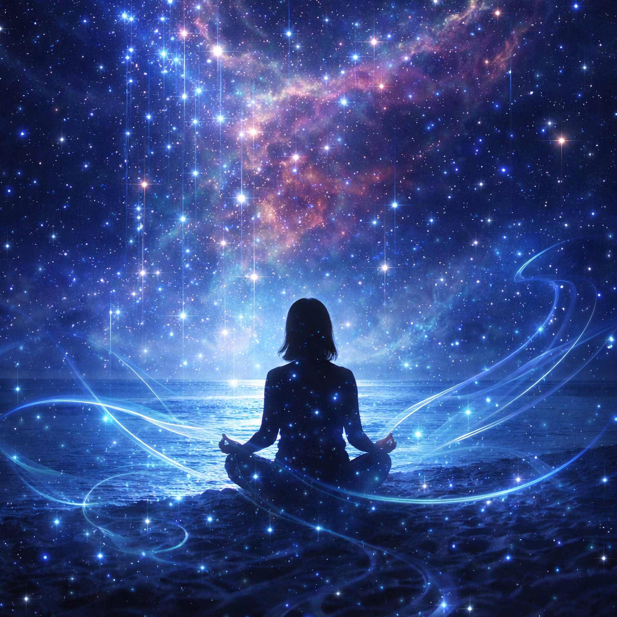 Silhouette of a meditating person against a starry, cosmic blue background.