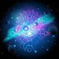 Mystical symbol with lotus flower, eye, and celestial elements on a dark background.