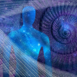 A blue, cosmic human figure overlaid with white lines, against a dark, swirling purple ammonite fossil, representing arcturian starseed records clearing.