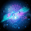 Sacred geometry with a third eye design with celestial elements on a dark background.