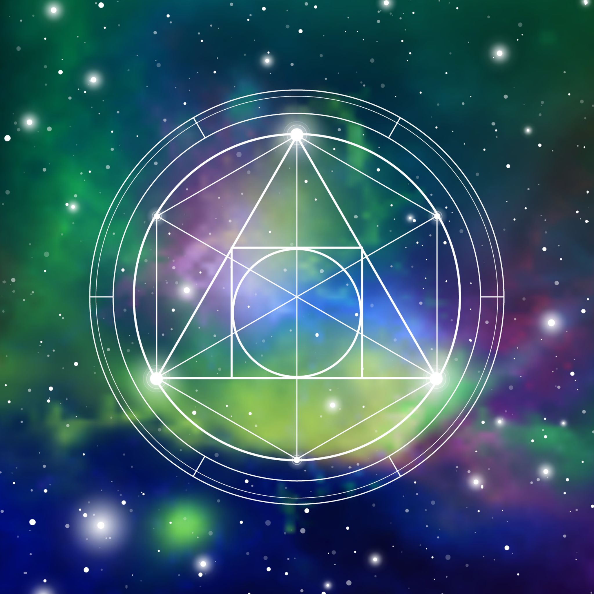 Geometric design with a circle and a triangle on a starry space background.