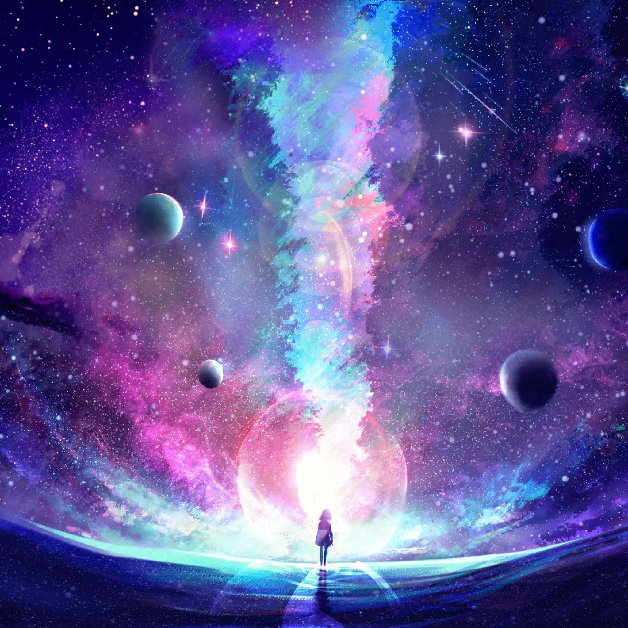 Artistic depiction of a person standing in front of a vibrant cosmic ascension scene with stars and planets.