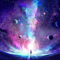 A person standing in front of a vibrant nebula with colourful stars and planets.