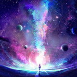 A person standing in front of a vibrant nebula with colourful stars and planets.