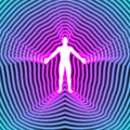 A striking digital illustration of a silhouette of a standing human figure, glowing white, against a dark background. The figure is surrounded by concentric, pulsating neon lines that shift from purple at the centre to blue and teal at the edges, representing aura dimensional connections.