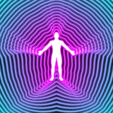A striking digital illustration of a silhouette of a standing human figure, glowing white, against a dark background. The figure is surrounded by concentric, pulsating neon lines that shift from purple at the centre to blue and teal at the edges, representing aura dimensional connections.