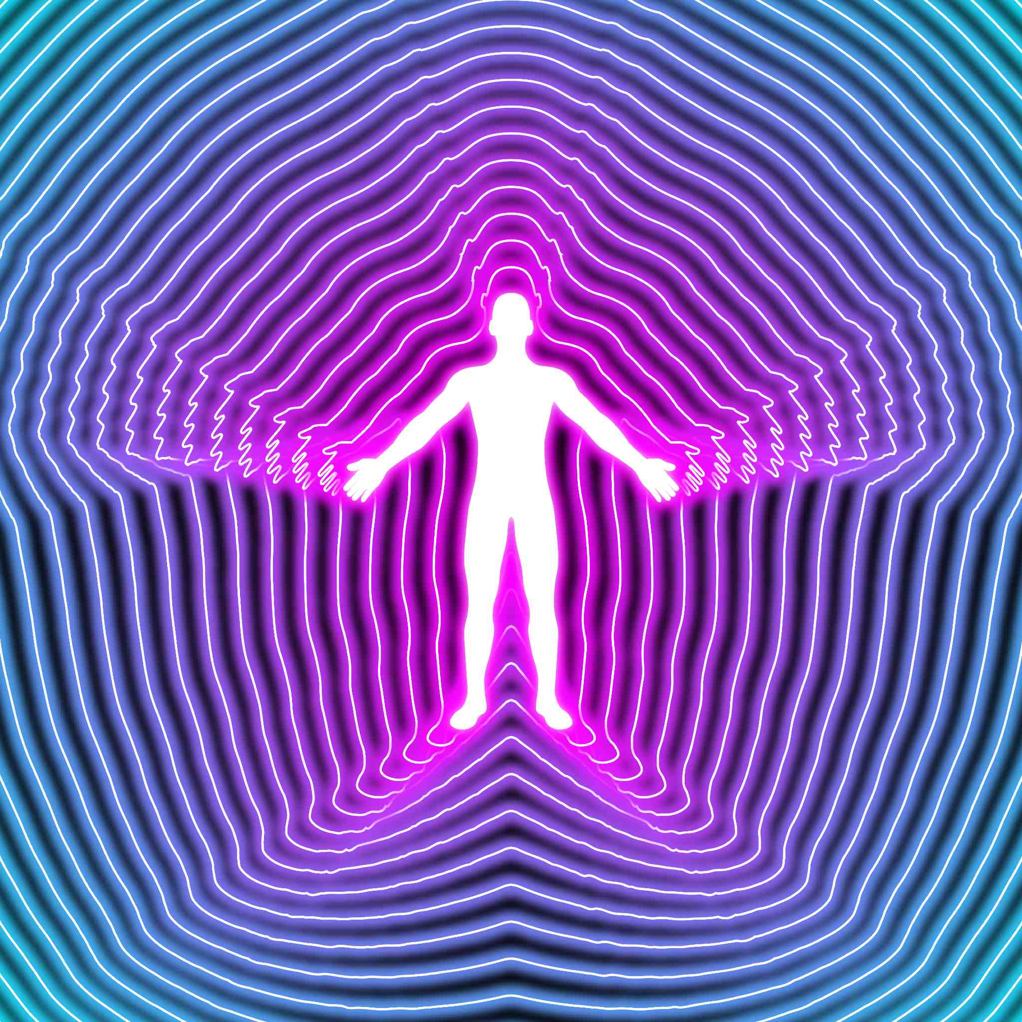 A striking digital illustration of a silhouette of a standing human figure, glowing white, against a dark background. The figure is surrounded by concentric, pulsating neon lines that shift from purple at the centre to blue and teal at the edges, representing aura dimensional connections.