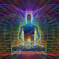 Ultimate Aura Enhancement Treatment: meditating figure silhouette with an inner light and a cosmic background, surrounded by a complex, multi-coloured grid of sacred geometry.
