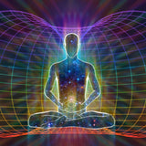 Ultimate Aura Enhancement Treatment: meditating figure silhouette with an inner light and a cosmic background, surrounded by a complex, multi-coloured grid of sacred geometry.