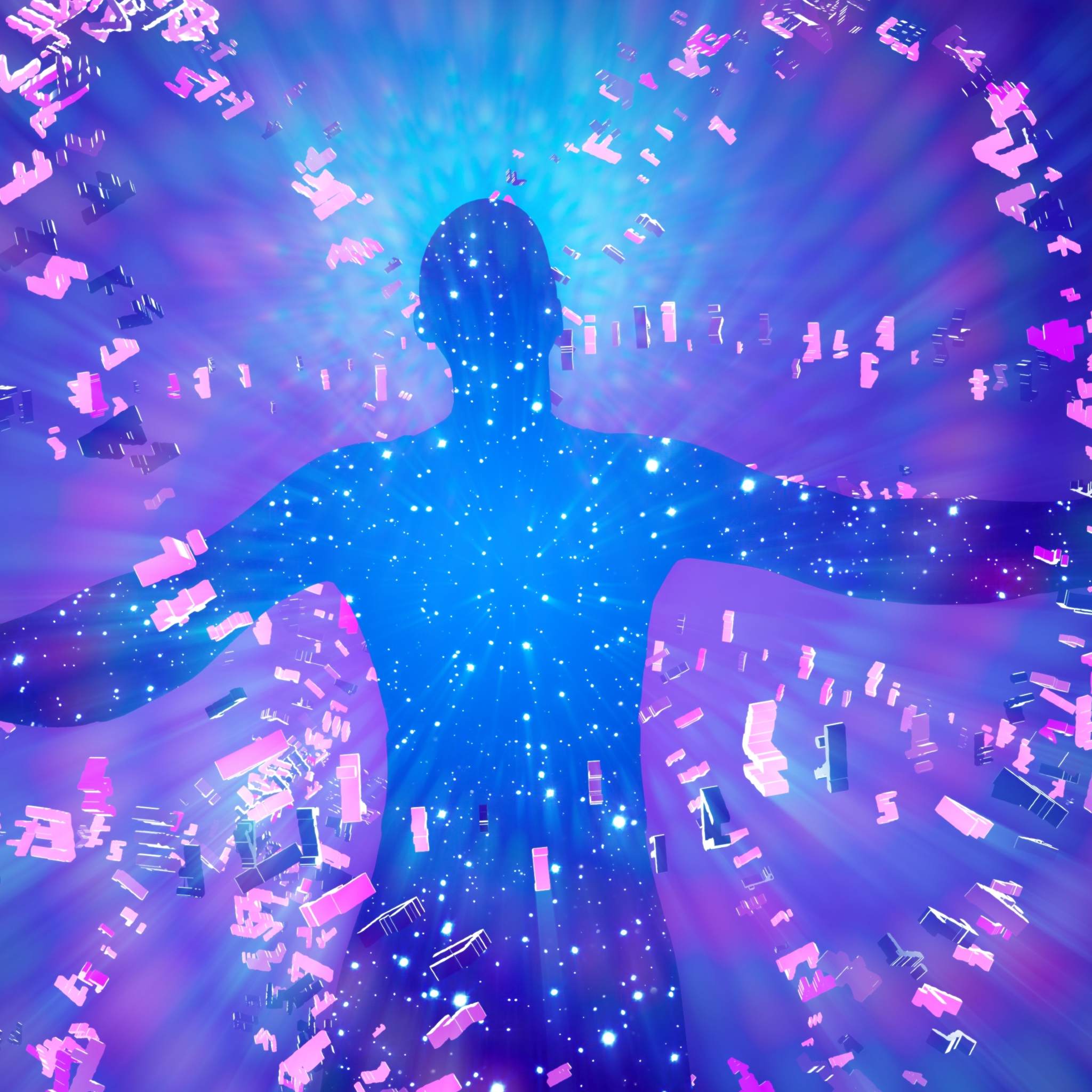 A blue glowing silhouette with outstretched arms, surrounded by a purple light vortex and pink geometric shapes, signifying aura magic clearing.