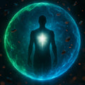 A glowing human silhouette within a blue and green energetic sphere, symbolising aura shield immune protection.