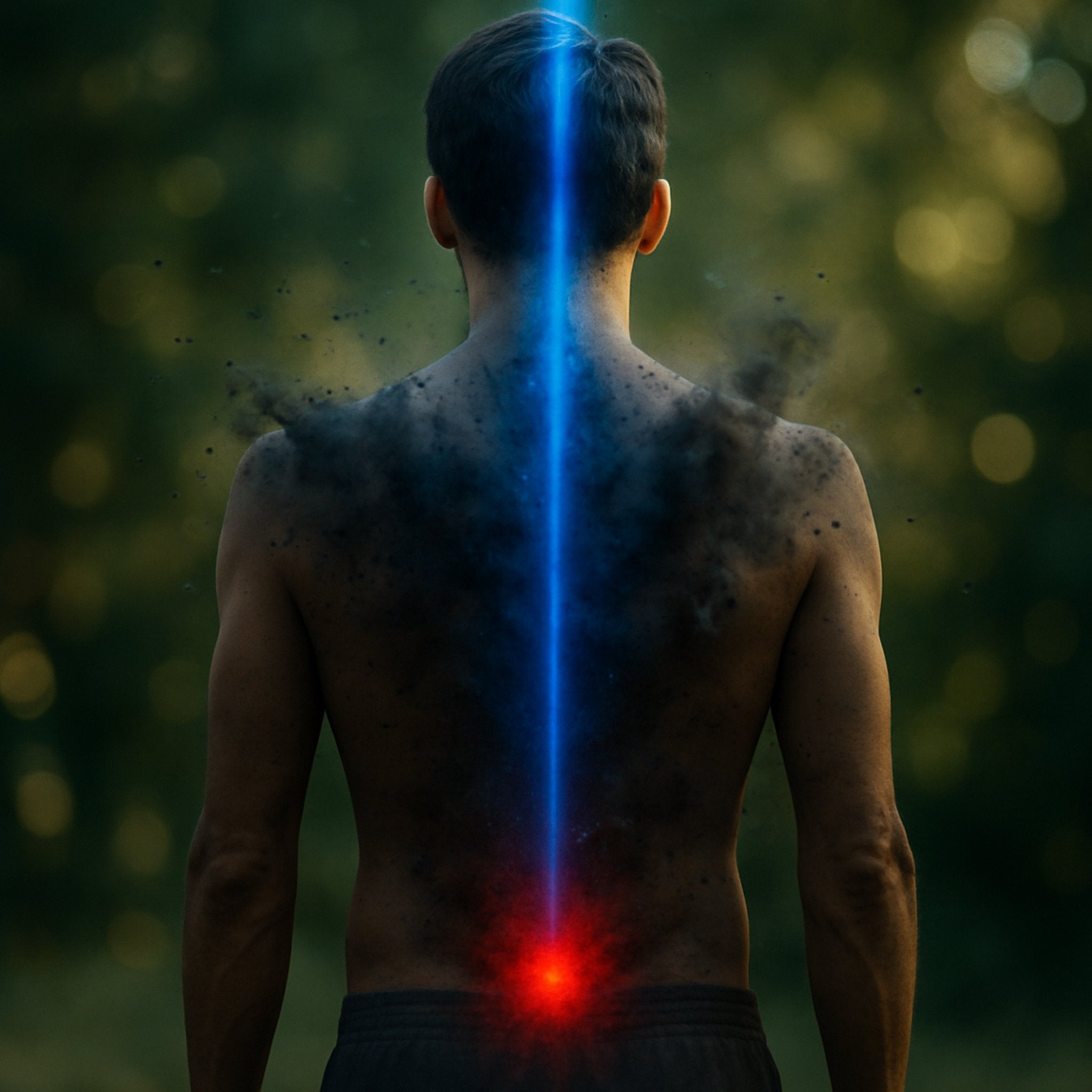 A man's back with a red glow at the lower spine and a blue light ray travelling upwards, representing back pain healing support.