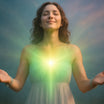 Ultimate Beautiful Life Healing Treatment: a serene figure with arms open, receiving light from a luminous emerald green glow emanating from her heart, set against a calm, ethereal blue background.