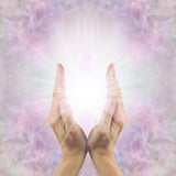 Hands held out against a soft, multicoloured background.