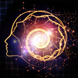 Digital outline of a head in profile with glowing lines, swirling from the cerebellum chakra.