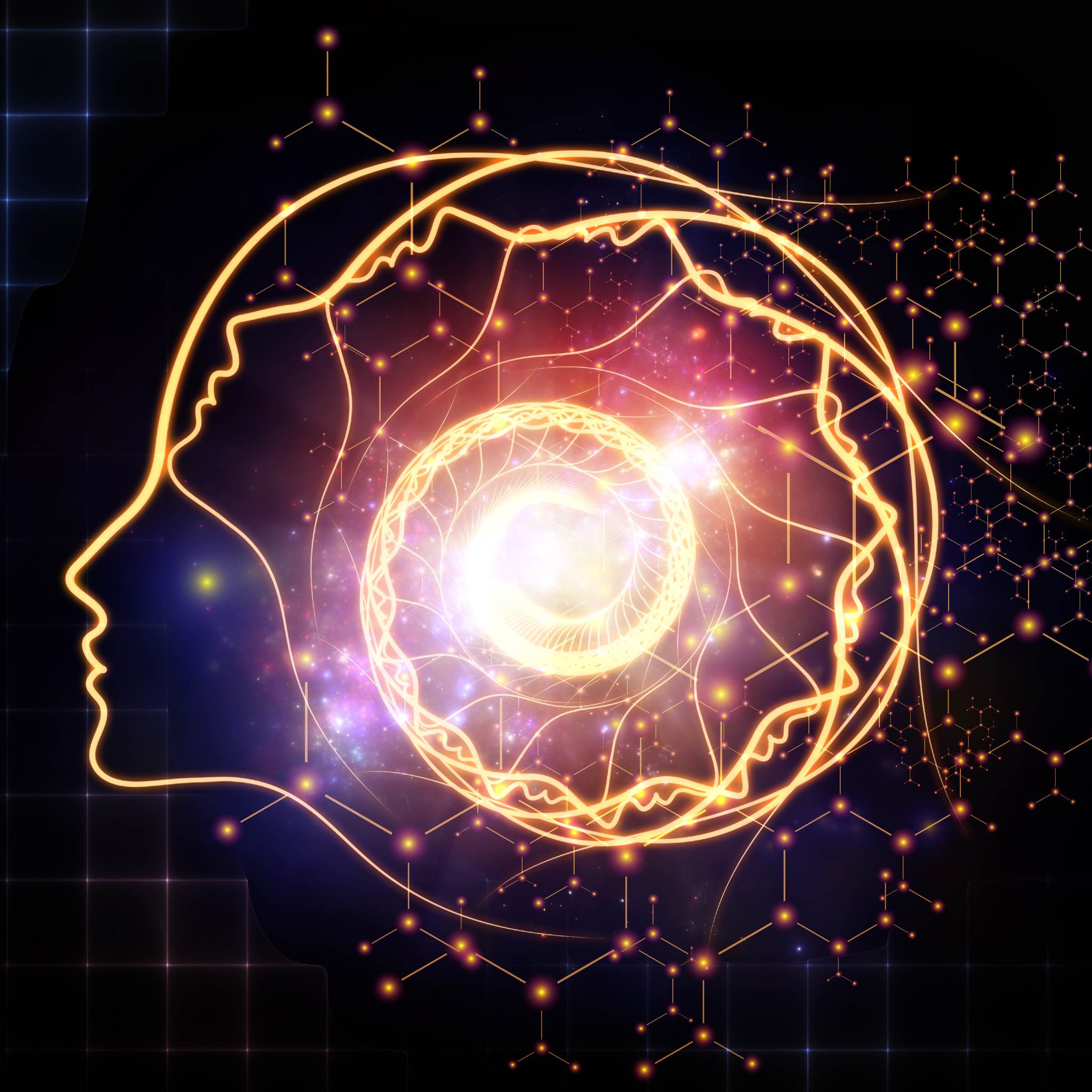 Digital outline of a head in profile with glowing lines, swirling from the cerebellum chakra.