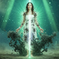 A woman in a white dress bathed in green and blue light, with black smoky wisps cleared from her aura, representing chronic pain management.