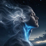 Profile of a person with eyes closed, featuring glowing celestial energy flowing from the ear and neck into a starry night sky.