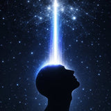 Silhouette of a head facing upwards towards a bright claircognisant light source against a starry night sky.