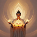 Serene woman holding three glowing lotus flowers, surrounded by soft golden light and radiant circular auras.
