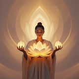 Serene woman holding three glowing lotus flowers, surrounded by soft golden light and radiant circular auras.