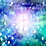 A glowing figure emerging from a bright white light in a tunnel of shimmering blue and purple bokeh lights, representing Core Star Chakra enhancement.