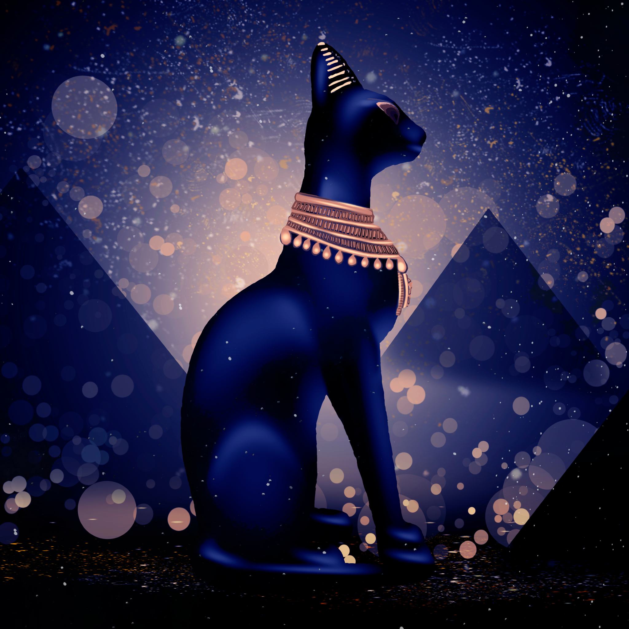 Dark blue statue of Goddess Bastet, against a dark starry background with pyramids and sparkles, representing core star chakra goddess Bastet integration