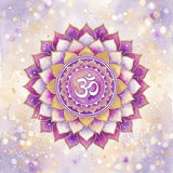 Purple and gold Crown Chakra (Sahasrara) with an Om symbol on a light purple background.