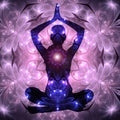 Silhouette of a person in a meditation pose, with glowing purple and blue light emanating from their heart and third eye chakras. The person is surrounded by a radiating, mandala-like pattern of light in soft pinks and purples, symbolising divine love and spiritual healing.