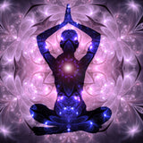 Silhouette of a person in a meditation pose, with glowing purple and blue light emanating from their heart and third eye chakras. The person is surrounded by a radiating, mandala-like pattern of light in soft pinks and purples, symbolising divine love and spiritual healing.