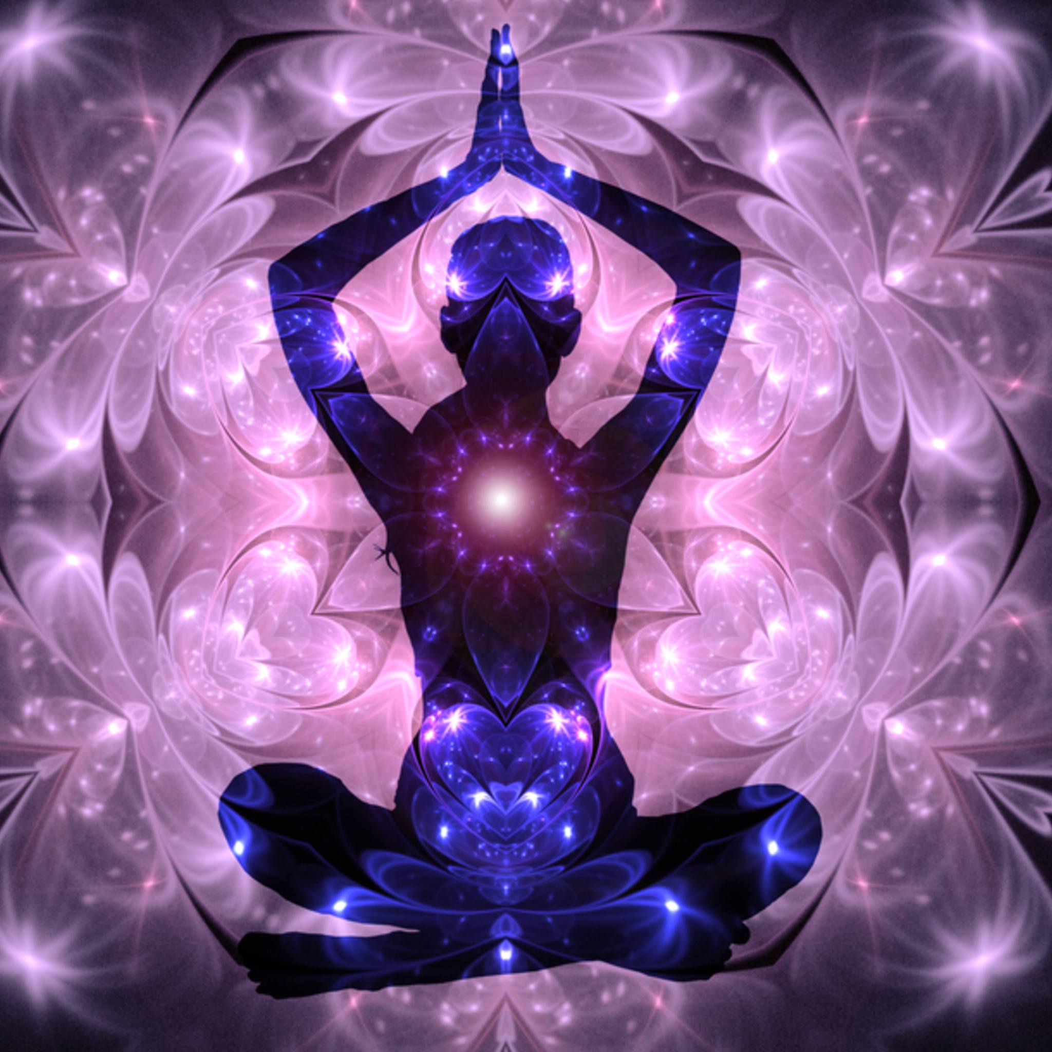 Silhouette of a person in a meditation pose, with glowing purple and blue light emanating from their heart and third eye chakras. The person is surrounded by a radiating, mandala-like pattern of light in soft pinks and purples, symbolising divine love and spiritual healing.