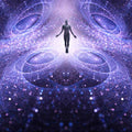 Silhouette of a person standing in a cosmic or spiritual energy field with concentric circles and a starry background.