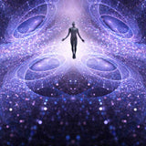 Silhouette of a person standing in a cosmic or spiritual energy field with concentric circles and a starry background.