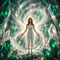 Woman in a white dress standing amidst glowing green crystals and energy.