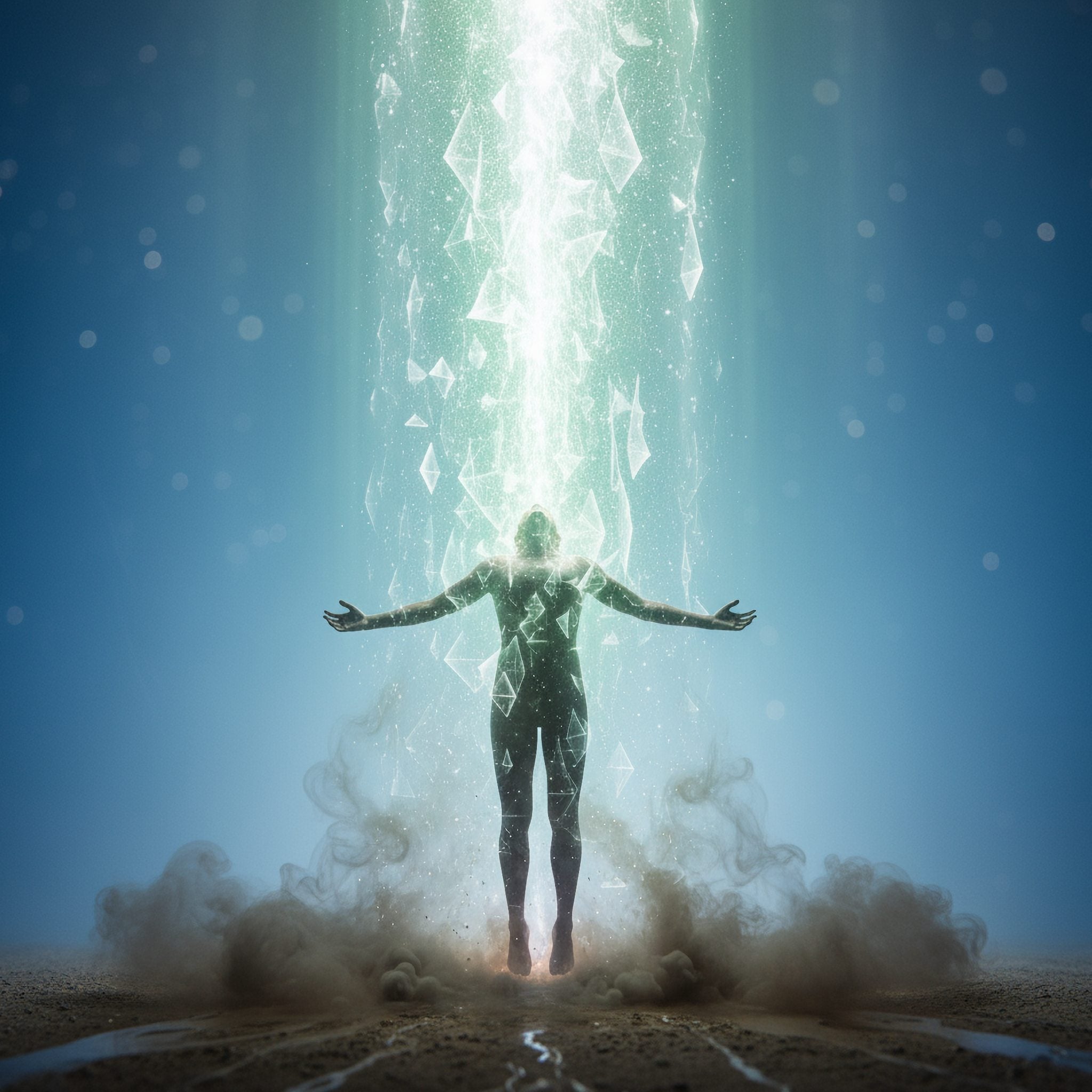 A figure levitating as green, crystalline light pours down, cleansing the body; representing energetic detox immune system cleanse.