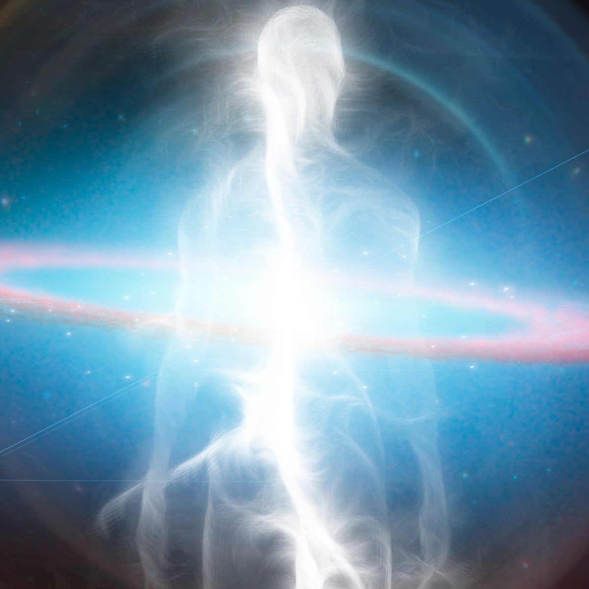 Abstract figure with a bright protective light source in the centre against a blue background.