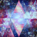 Geometric shapes with a cosmic background featuring stars and nebulae.