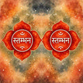 Two red feet chakras with white text on a colourful abstract background.