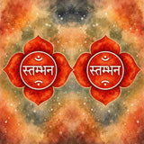 Two red feet chakras with white text on a colourful abstract background.