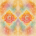 Two Hand Chakras with white symbols on a light champagne background.