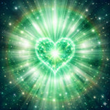 Radiant green heart chakra with starburst effect against a dark background representing Archangel Raphael.