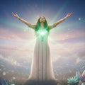 An ethereal figure with open arms, radiating luminous emerald green light from the Heart Chakra under a spiritual pink and blue sky.